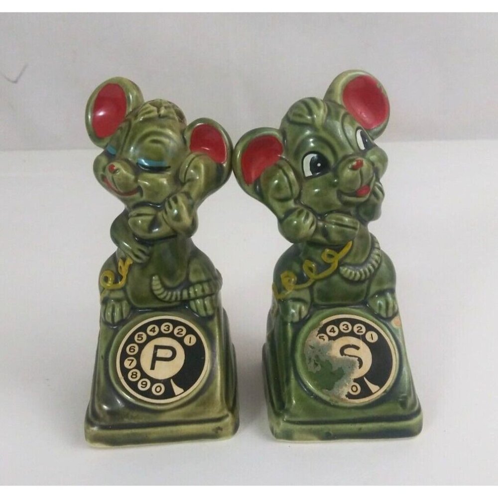 Vintage Kitsch Green Mice On Rotary Phones 4.5" Salt & Pepper Shakers Japan